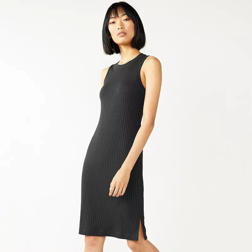 Nine West Black Ribbed Knit Midi Dress Women's Size M Sleeveless Casual Stretch